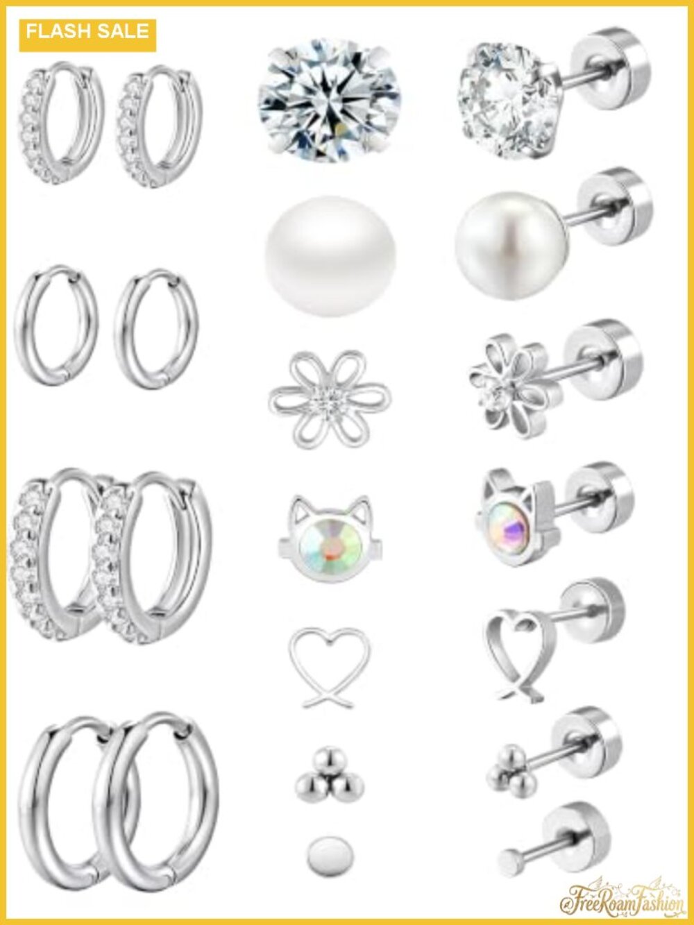 11 Pairs Flat Back Screw Back Stud & Hoop Earrings Set Surgical Steel for